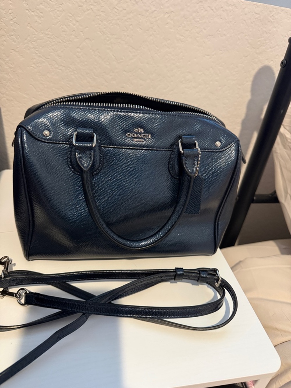 Coach Bennett Navy Metallic Pebbled Leather Satchel with Removable Strap